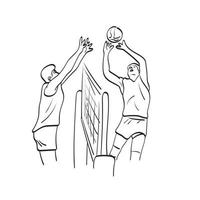 arte de linha dois jogadores profissionais de vôlei em ilustração de ação vetorial desenhada à mão isolada no fundo branco vetor