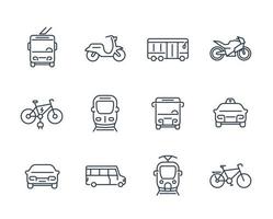 ícones de transporte da cidade, van de trânsito, táxi, ônibus, táxi, trem, bicicletas, estilo linear vetor