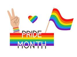 bandeira lgbt de vetor. mês do orgulho. coração de arco-íris e mão de vitória com pulseira de arco-íris. bandeira lgbtq. vetor