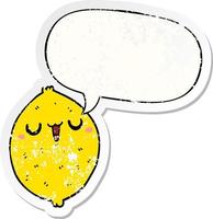 adesivo em apuros de desenho animado limão feliz e bolha de fala vetor