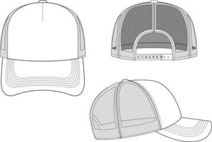 ilustração de desenho técnico snapback de chapéu de caminhoneiro modelo de maquete de streetwear em branco para design e pacotes de tecnologia malha de alça cad vetor