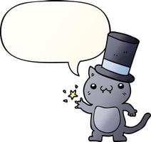 gato de desenho animado usando cartola e bolha de fala em estilo gradiente suave vetor
