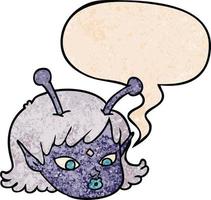 rosto de garota de espaço alienígena dos desenhos animados e bolha de fala no estilo de textura retrô vetor