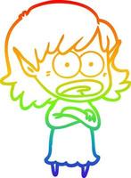 desenho de linha de gradiente de arco-íris desenho animado menina elfa chocada vetor