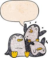 desenhos animados pinguins felizes e bolha de fala no estilo de textura retrô vetor