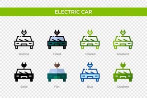 ícone de carro elétrico em estilo diferente. ícones de vetor de carro elétrico projetados em estilo de contorno, sólido, colorido, preenchido, gradiente e plano. símbolo, ilustração do logotipo. ilustração vetorial