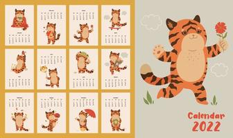 calendário 2022 com tigres fofos. gráficos vetoriais.