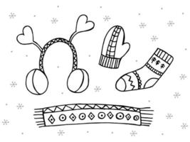 um conjunto de roupas de inverno desenhadas à mão. ilustração vetorial em estilo doodle. clima de inverno. olá 2023. feliz natal e feliz ano novo. elementos pretos e cinzas em um fundo branco. vetor