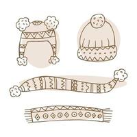 um conjunto de roupas de inverno desenhadas à mão. ilustração vetorial em estilo doodle. clima de inverno. olá 2023. feliz natal e feliz ano novo. chapéus marrons e cachecóis em um fundo branco. vetor