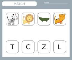 encontre a primeira letra dos animais e conecte. jogo educativo para crianças. vetor