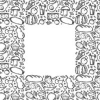 conjunto de ícones sobre o tema da comida. vetor de alimentos. doodle vector com ícones de comida preto e branco. quadro de comida. vetor livre