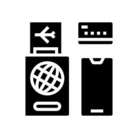 passaporte internacional, bilhete, cartão bancário e ilustração vetorial de ícone de glifo de smartphone vetor