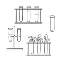 conjunto monocromático de fotos, experimento biológico e químico, suporte com tubos de vidro com várias soluções, ilustração vetorial em estilo cartoon em um fundo branco vetor