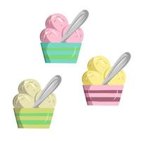 um conjunto de sobremesas frias doces coloridas, frutas e sorvete de baunilha em copos diferentes com uma colher de prata, vetor de desenho animado