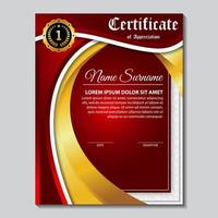 certificado de modelo de prêmio, cor dourada e gradiente vermelho. contém um certificado moderno com um distintivo de ouro vetor
