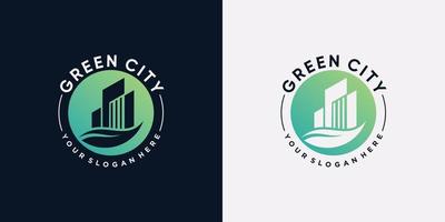 modelo de design de logotipo de construção de cidade verde com elemento de folha e conceito criativo vetor