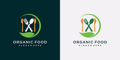 modelo de design de logotipo de alimentos orgânicos para ícone de alimentos frescos naturais com elemento de colher, garfo e folha vetor