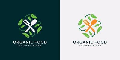 modelo de design de logotipo de alimentos orgânicos para ícone de alimentos frescos naturais com elemento de colher, garfo e folha vetor