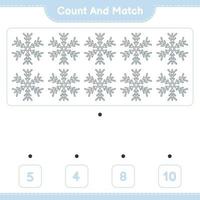 conte e combine, conte o número de flocos de neve e combine com os números certos. jogo educativo para crianças, planilha para impressão, ilustração vetorial vetor