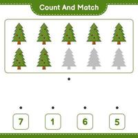 conte e combine, conte o número de árvores de natal e combine com os números certos. jogo educativo para crianças, planilha para impressão, ilustração vetorial vetor