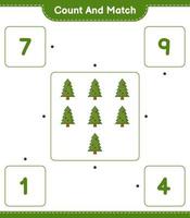 conte e combine, conte o número de árvores de natal e combine com os números certos. jogo educativo para crianças, planilha para impressão, ilustração vetorial vetor