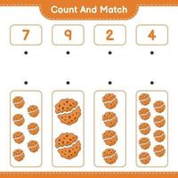 conte e combine, conte o número de cookies e combine com os números certos. jogo educativo para crianças, planilha para impressão, ilustração vetorial vetor