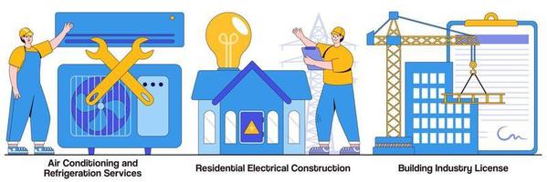 serviços de ar condicionado e refrigeração, construção elétrica residencial, pacote ilustrado de licença para construção civil vetor