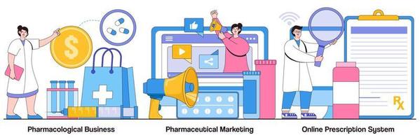 negócios farmacológicos, marketing farmacêutico, pacote ilustrado de sistema de prescrição online vetor