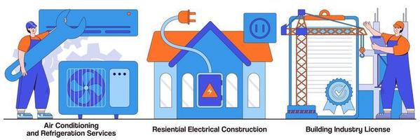 serviços de ar condicionado e refrigeração, construção elétrica residencial, pacote ilustrado de licença para construção civil vetor