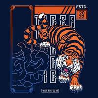 design de tigre com estilo japonês e pôster de tigre de ilustração. vetor