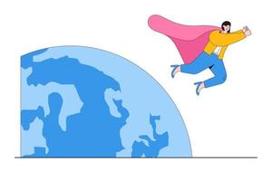 super-heroína para apontar a direção para o sucesso futuro, líder mundial da mulher, feminismo ou ceo feminino para liderar os conceitos internacionais da empresa. super-herói empresária voando ao redor do mundo planeta terra vetor