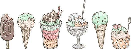 conjunto de ilustrações desenhadas à mão de sorvetes. esboço desenhado à mão. coleção de doodle de desenho de sorvete vetor