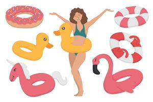 menina com um conjunto de círculos de praia para nadar. doodle clipart plano. todos os objetos são repintados. vetor