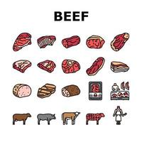 conjunto de ícones de produção de nutrição de carne bovina vetor