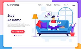 homem ficar em casa usando a página inicial do laptop vetor