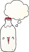garrafa de leite bonito dos desenhos animados e balão de pensamento no estilo de gradiente suave vetor