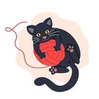 gato preto brincando com uma bola de fio vermelho vetor