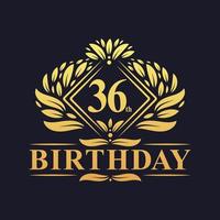 logotipo de aniversário de 36 anos, celebração de aniversário de 36 anos de luxo dourado. vetor