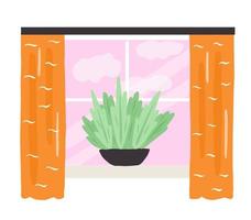 janela com cortina e planta em vaso vetor