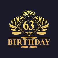 logotipo de aniversário de 63 anos, celebração de aniversário de 63 anos de luxo dourado. vetor