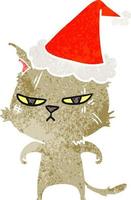 desenho retrô difícil de um gato usando chapéu de papai noel vetor