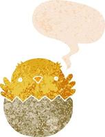 filhote de desenho animado eclodindo de ovo e bolha de fala em estilo retrô-texturizado vetor