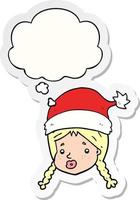 garota de desenho animado usando chapéu de natal e balão de pensamento como um adesivo impresso vetor