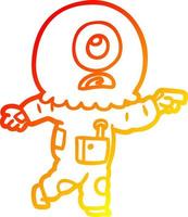desenho de linha gradiente quente desenho animado ciclope astronauta alienígena apontando vetor