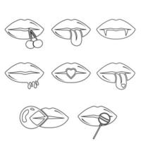 coleção de lábios femininos. contorno preto, doodle. ilustração em vetor de lábios de mulher sexy. sorrir, beijar