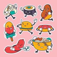 pacote de adesivos de comida kawaii bonito desenhado à mão vetor