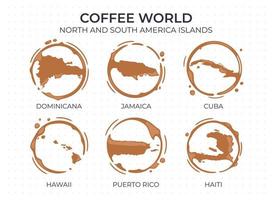 coleção de manchas redondas de xícara de café em forma de países de origem de café, produtores e exportadores das ilhas americanas vetor