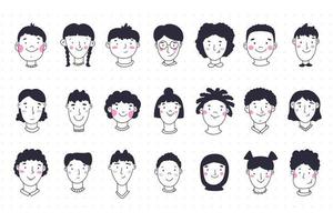 retratos de crianças, estilo bonito desenhado à mão. ícone de perfil de mídia social, avatares de cabeças de crianças. crianças de várias nacionalidades, religião, raça e aparência. ilustração vetorial