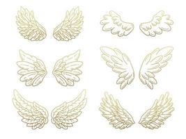 coleção de asas de anjo, bem abertas com efeito metálico dourado. desenho de contorno em estilo moderno de linha plana. ilustração vetorial, isolada no branco. vetor