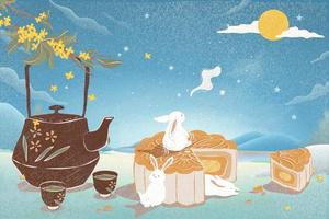 delicioso mooncake ilustração de chá quente festival de meados de outono vetor